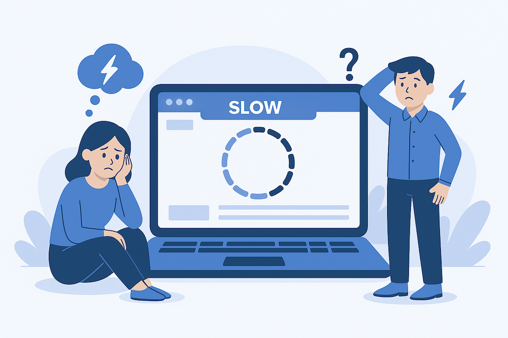 Ilustración de una web lenta cargando con usuarios frustrados.
